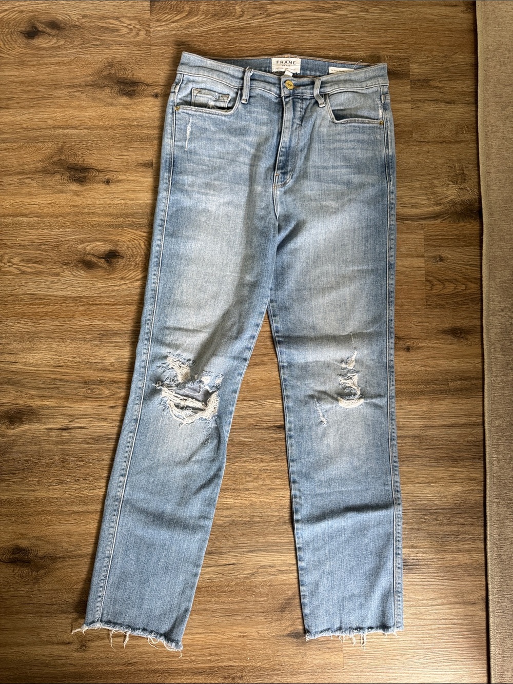 Frame Denim Light Blue Ripped Slim Straight Jeans